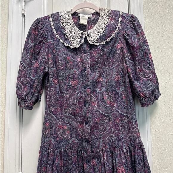 Vintage Gunne Sax Purple Paisley Puff Sleeve Crochet Cottage Maxi Dress Size 13 - Picture 5 of 10